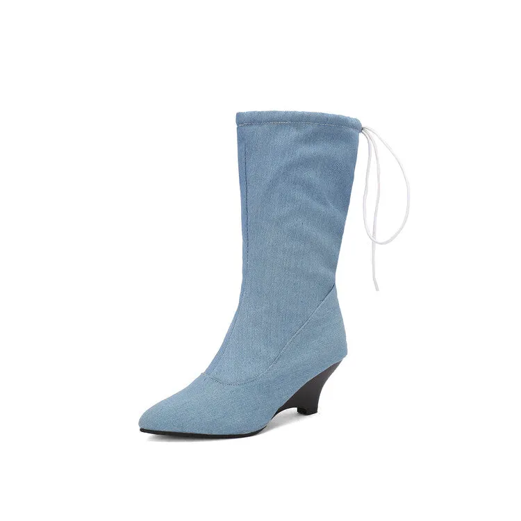 Women's Pointed Toe Low Heels Mid Calf Boots