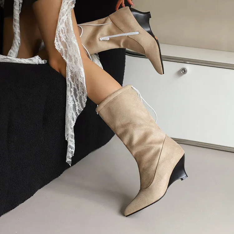 Women's Pointed Toe Low Heels Mid Calf Boots