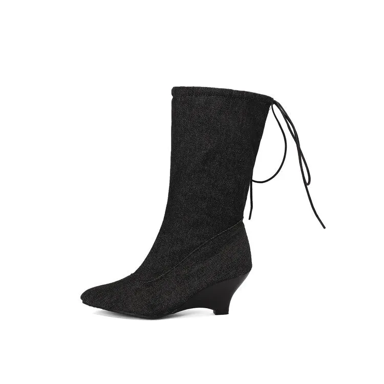 Women's Pointed Toe Low Heels Mid Calf Boots