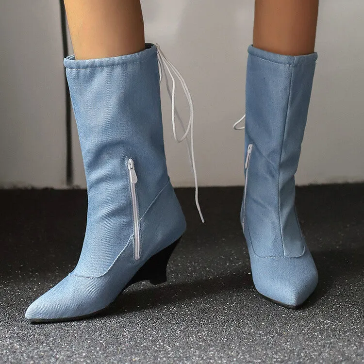 Women's Pointed Toe Low Heels Mid Calf Boots