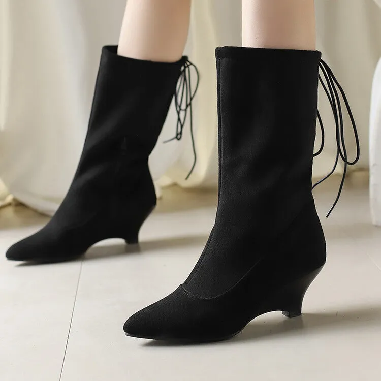 Women's Pointed Toe Low Heels Mid Calf Boots