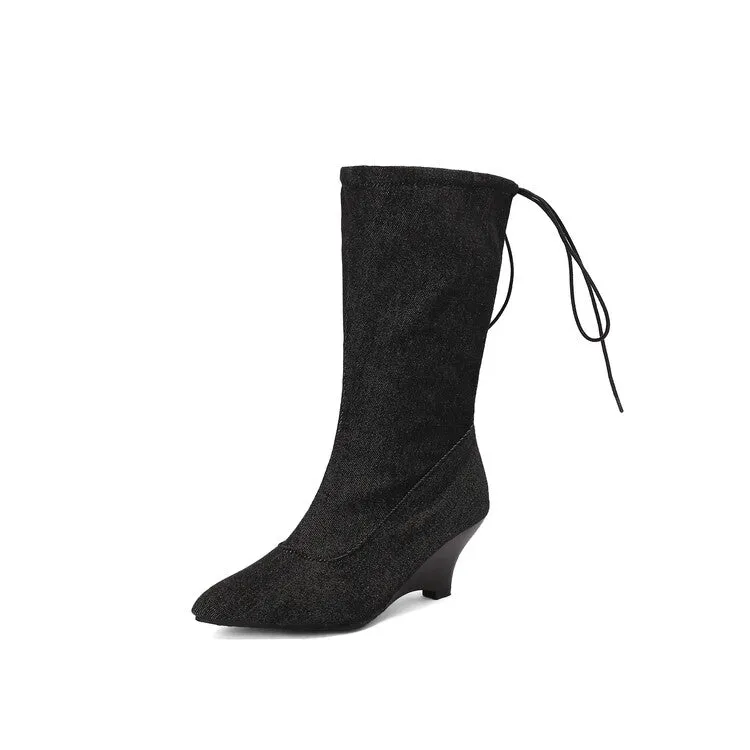 Women's Pointed Toe Low Heels Mid Calf Boots