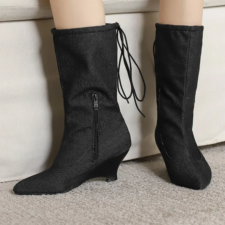 Women's Pointed Toe Low Heels Mid Calf Boots