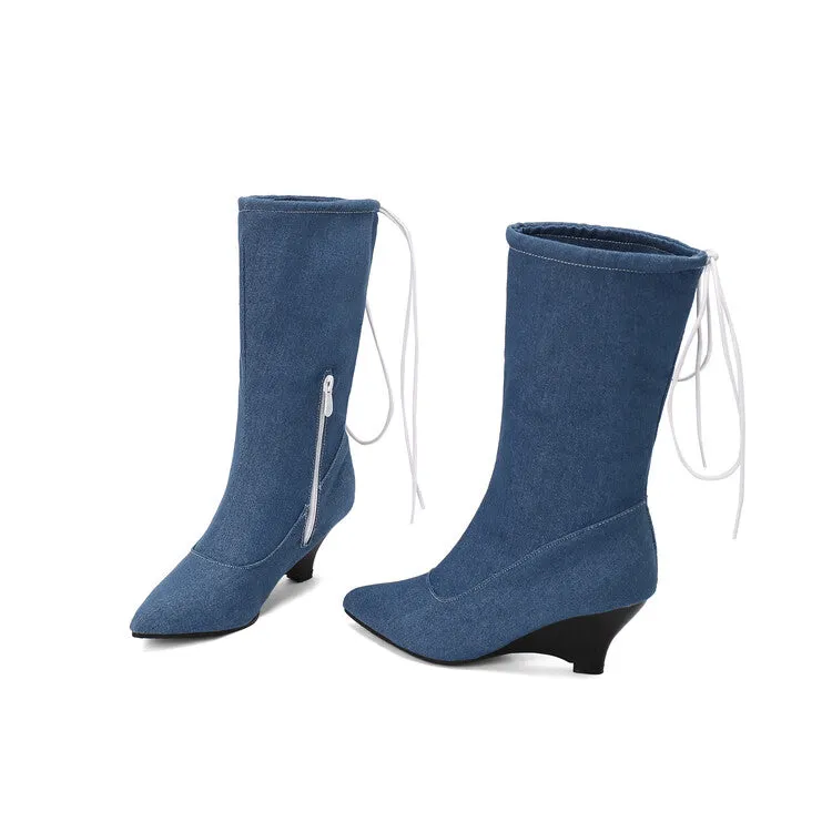 Women's Pointed Toe Low Heels Mid Calf Boots