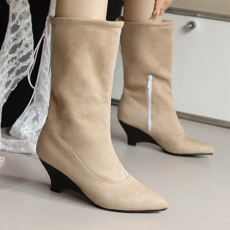 Women's Pointed Toe Low Heels Mid Calf Boots
