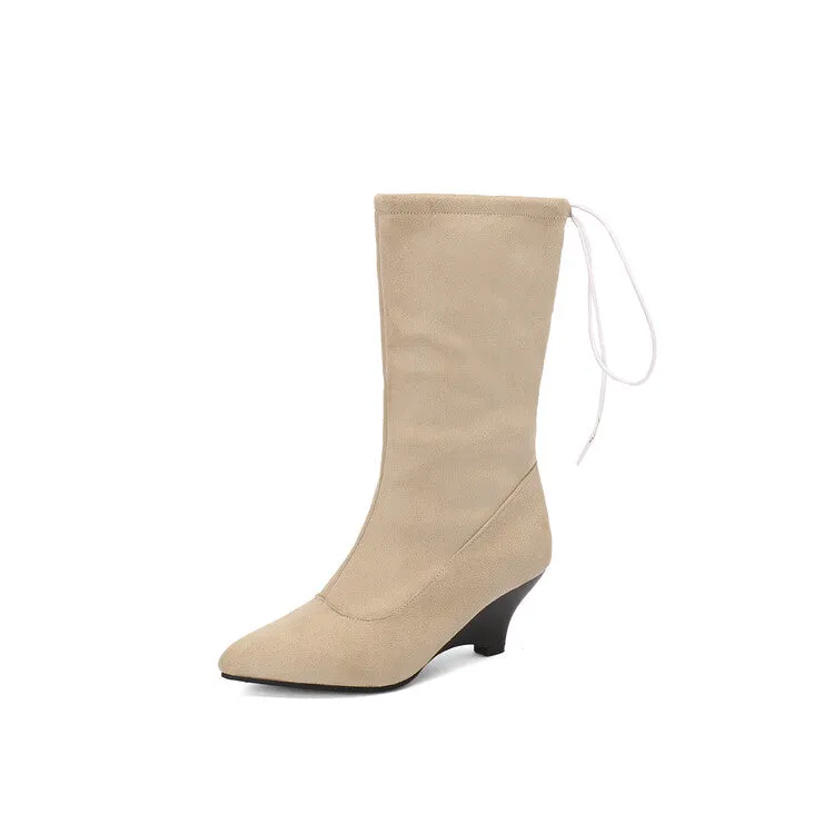 Women's Pointed Toe Low Heels Mid Calf Boots