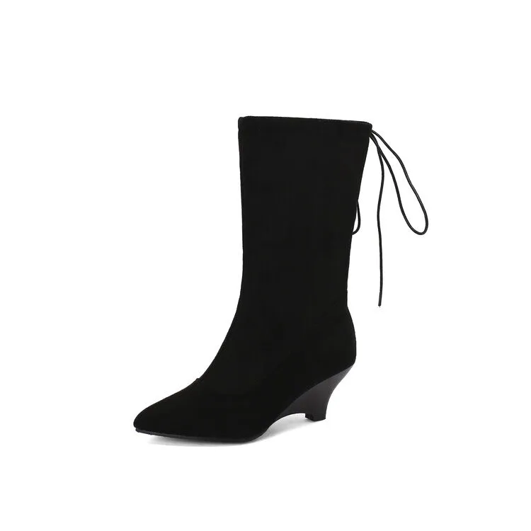 Women's Pointed Toe Low Heels Mid Calf Boots
