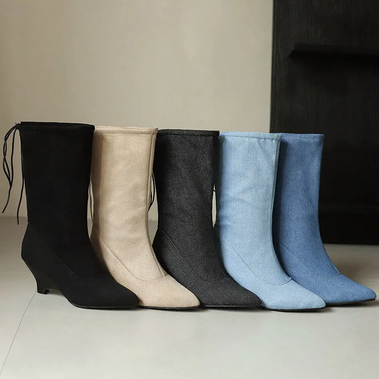 Women's Pointed Toe Low Heels Mid Calf Boots
