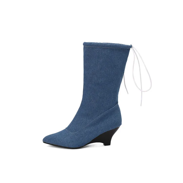 Women's Pointed Toe Low Heels Mid Calf Boots