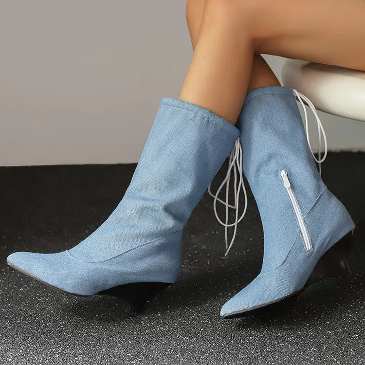 Women's Pointed Toe Low Heels Mid Calf Boots