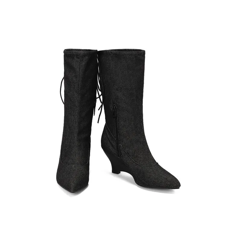 Women's Pointed Toe Low Heels Mid Calf Boots