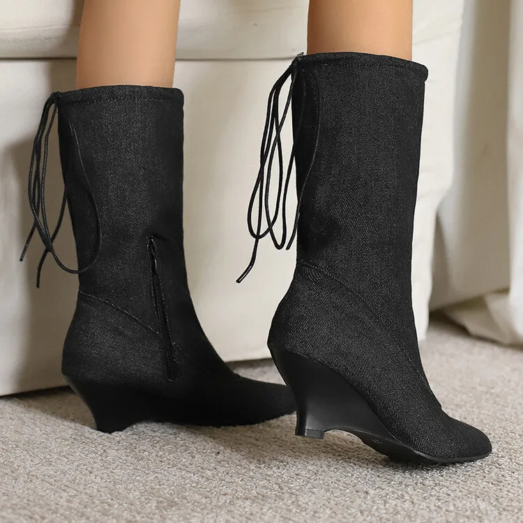 Women's Pointed Toe Low Heels Mid Calf Boots