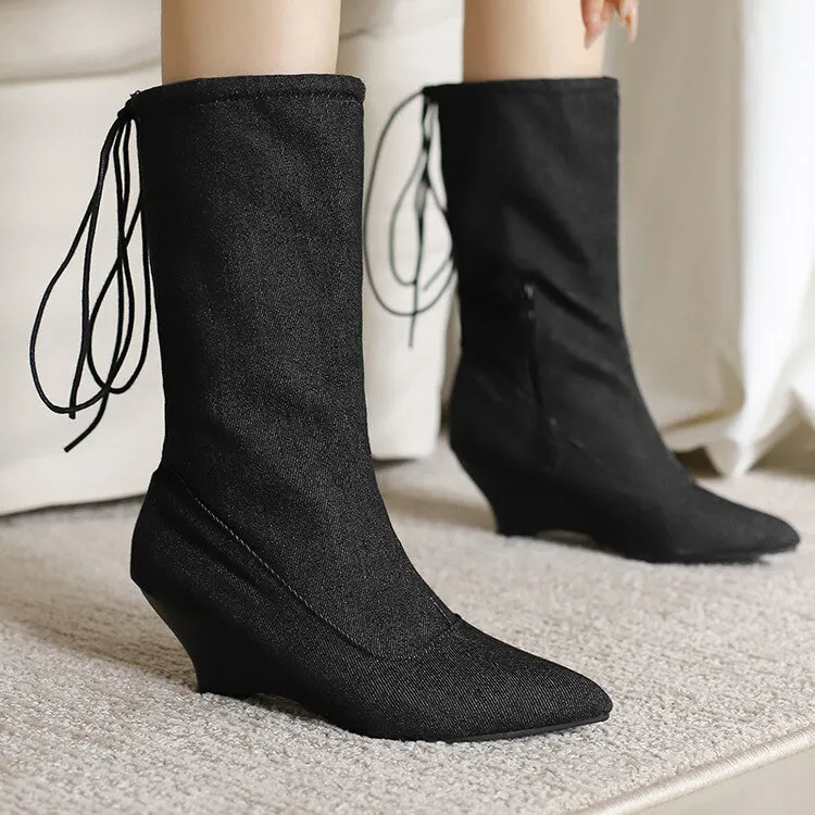 Women's Pointed Toe Low Heels Mid Calf Boots