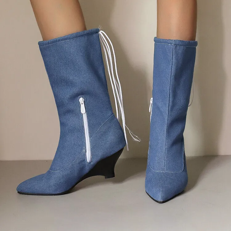 Women's Pointed Toe Low Heels Mid Calf Boots
