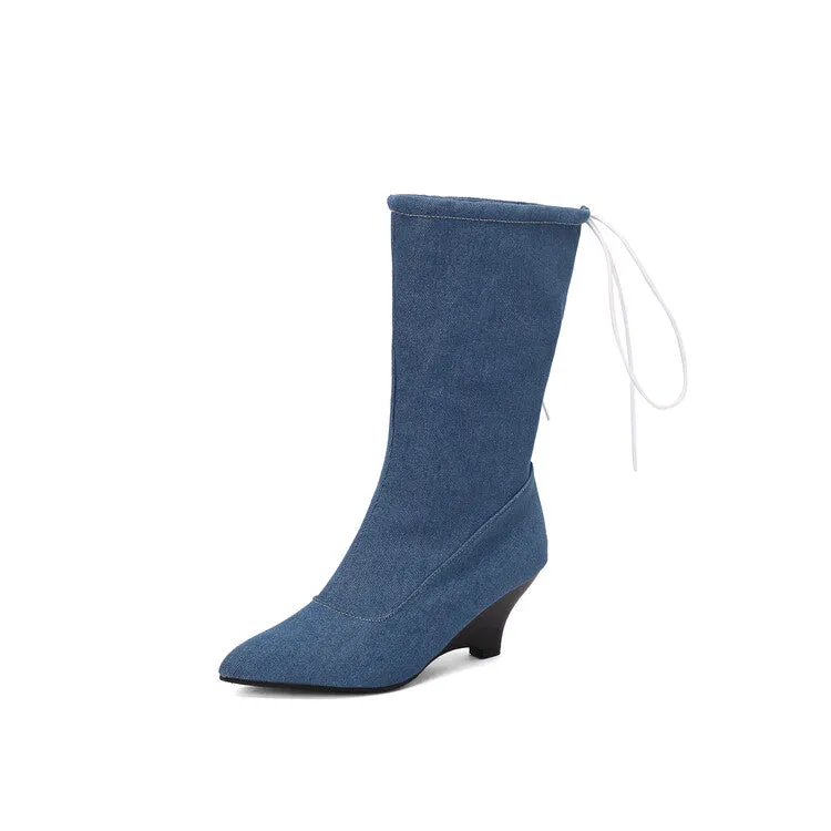 Women's Pointed Toe Low Heels Mid Calf Boots
