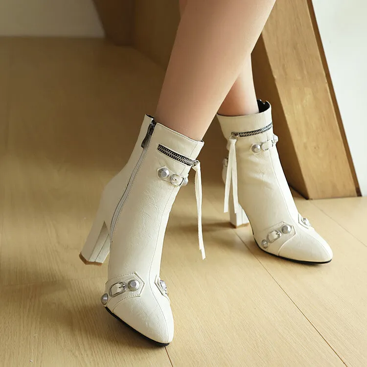 Women's Rivets Pointed Toe Block Heel Ankle Boots
