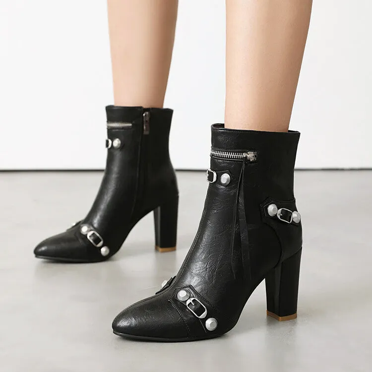Women's Rivets Pointed Toe Block Heel Ankle Boots