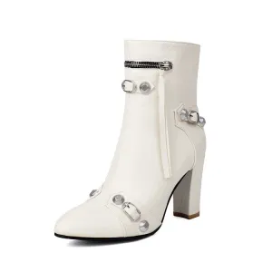 Women's Rivets Pointed Toe Block Heel Ankle Boots