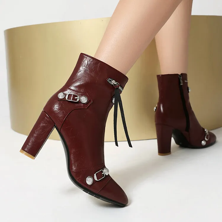 Women's Rivets Pointed Toe Block Heel Ankle Boots