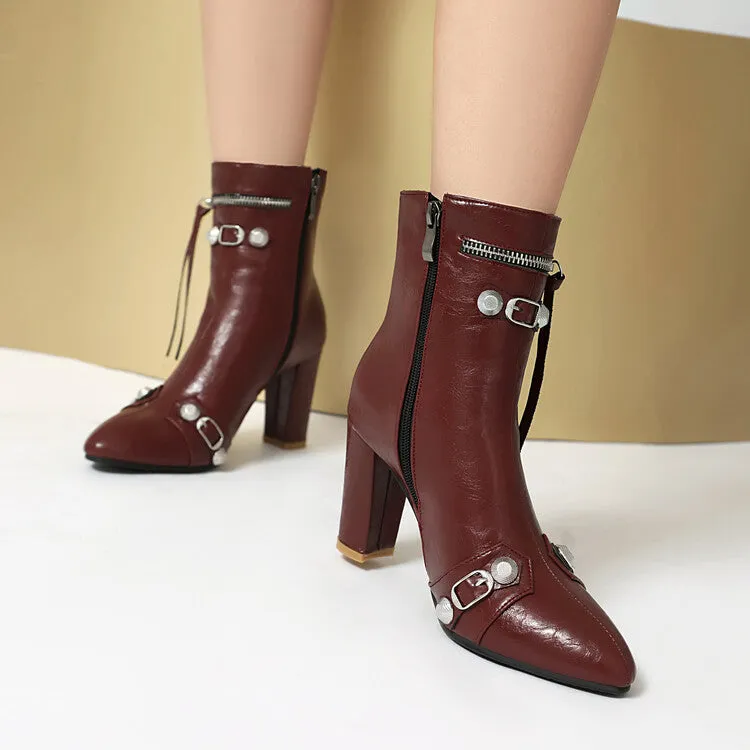 Women's Rivets Pointed Toe Block Heel Ankle Boots