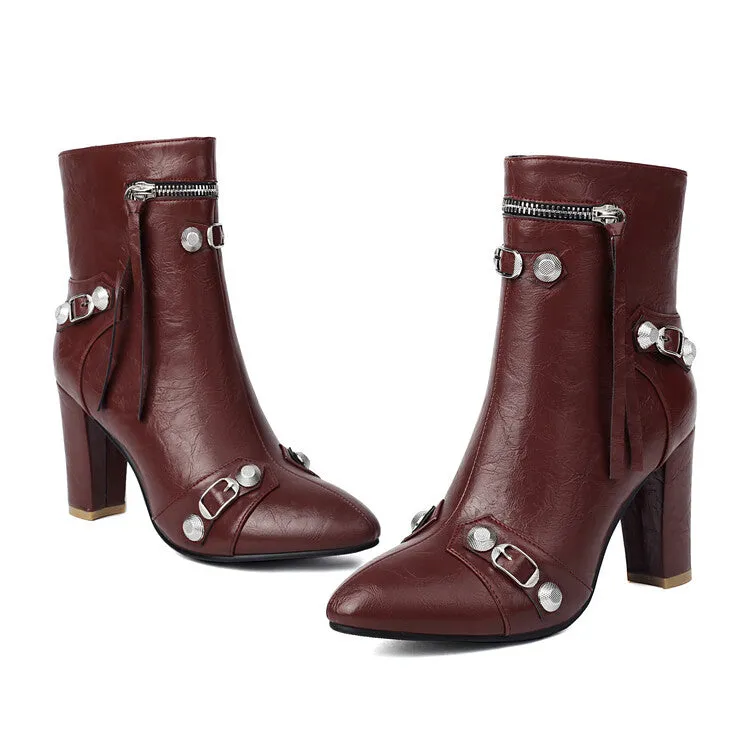 Women's Rivets Pointed Toe Block Heel Ankle Boots
