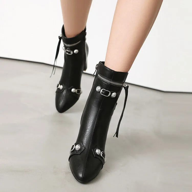 Women's Rivets Pointed Toe Block Heel Ankle Boots