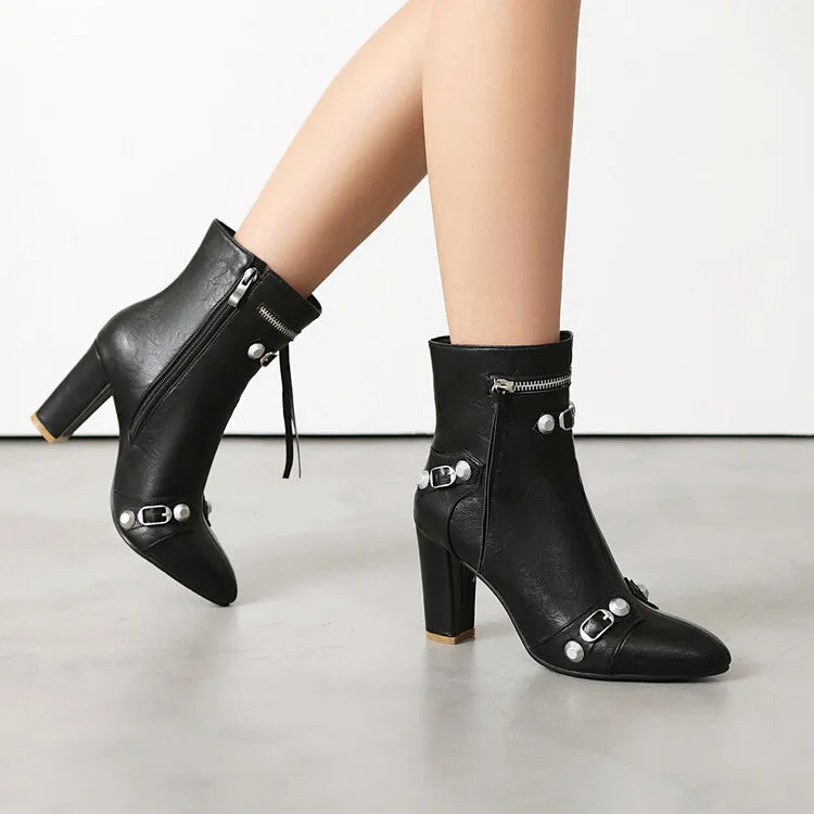 Women's Rivets Pointed Toe Block Heel Ankle Boots
