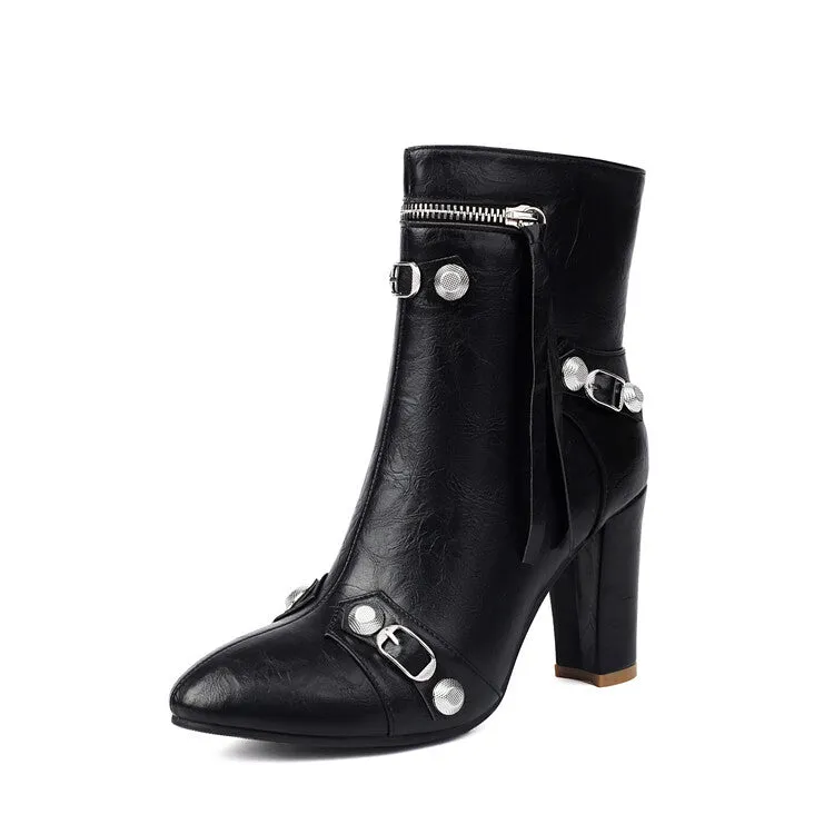 Women's Rivets Pointed Toe Block Heel Ankle Boots