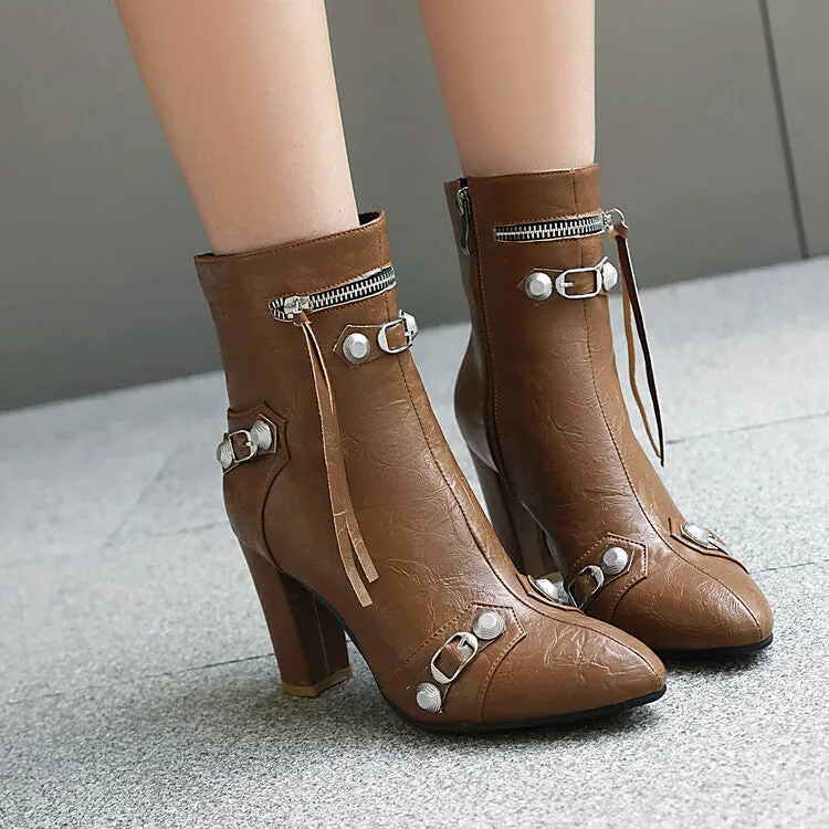 Women's Rivets Pointed Toe Block Heel Ankle Boots