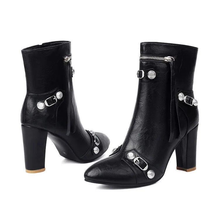 Women's Rivets Pointed Toe Block Heel Ankle Boots