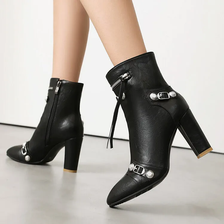 Women's Rivets Pointed Toe Block Heel Ankle Boots