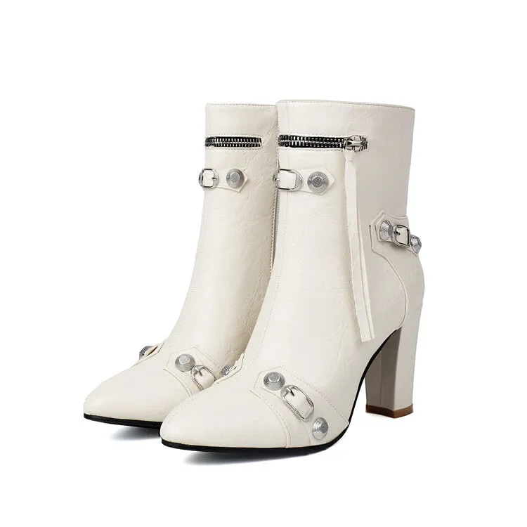 Women's Rivets Pointed Toe Block Heel Ankle Boots
