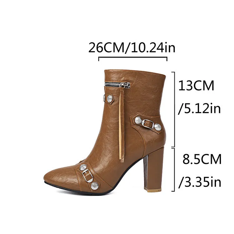 Women's Rivets Pointed Toe Block Heel Ankle Boots