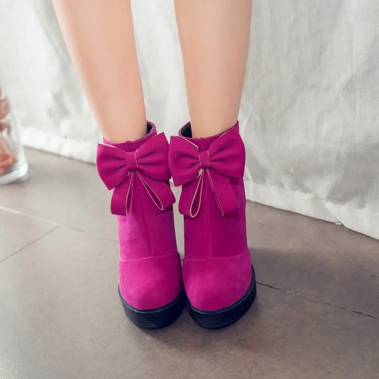Women's Round Toe Bow Tie Back Zippers Block Chunky Heel Platform Short Boots