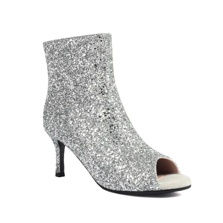 Women's Sequins Peep Toe Thin Heel Ankle Boots