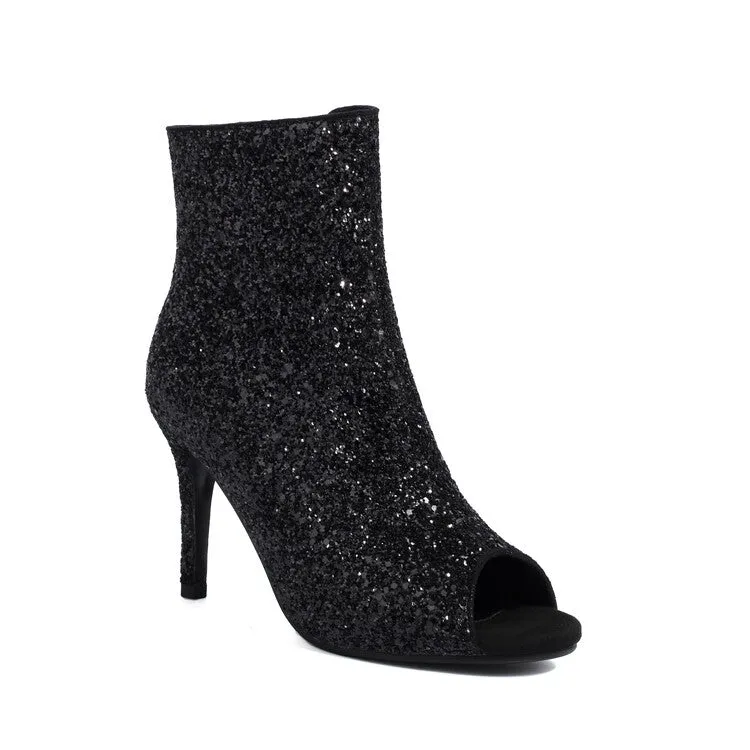 Women's Sequins Peep Toe Thin Heel Ankle Boots