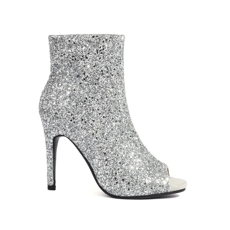 Women's Sequins Peep Toe Thin Heel Ankle Boots