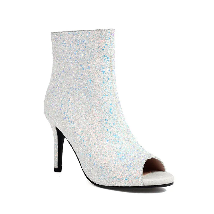 Women's Sequins Peep Toe Thin Heel Ankle Boots