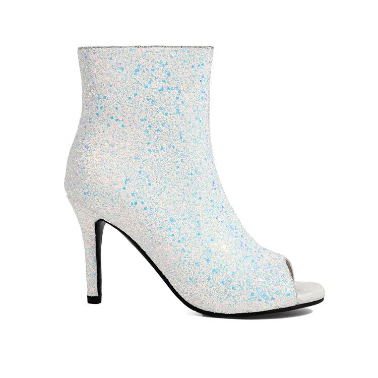 Women's Sequins Peep Toe Thin Heel Ankle Boots
