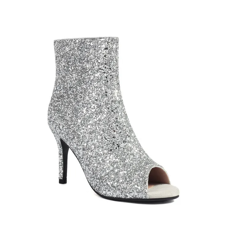 Women's Sequins Peep Toe Thin Heel Ankle Boots