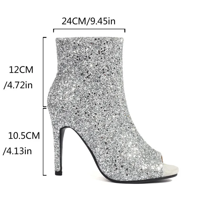 Women's Sequins Peep Toe Thin Heel Ankle Boots