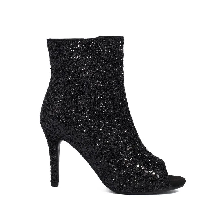 Women's Sequins Peep Toe Thin Heel Ankle Boots