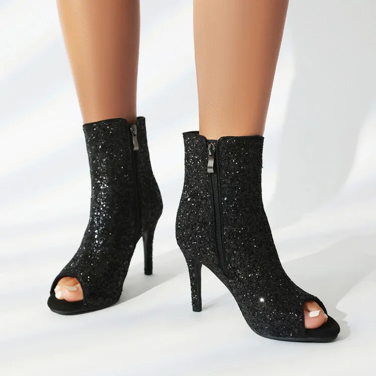 Women's Sequins Peep Toe Thin Heel Ankle Boots