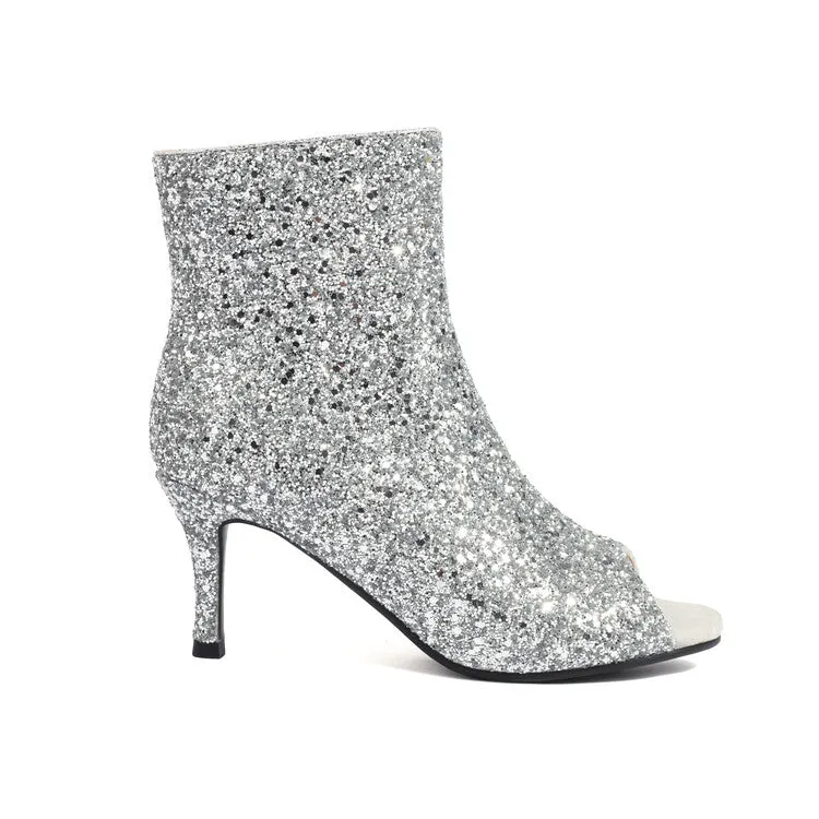 Women's Sequins Peep Toe Thin Heel Ankle Boots