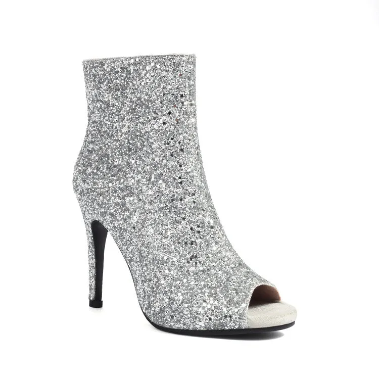 Women's Sequins Peep Toe Thin Heel Ankle Boots