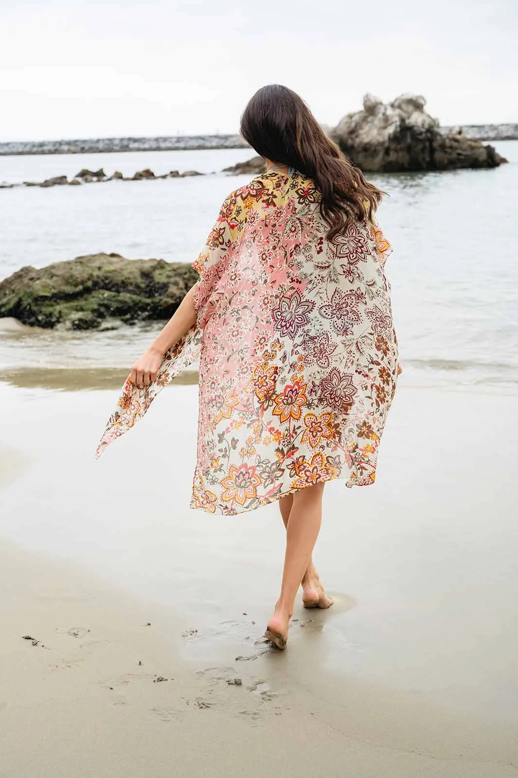 WOMEN'S SHORT SLEEVE OPEN FRONT FLOWERS PRINT KIMONO