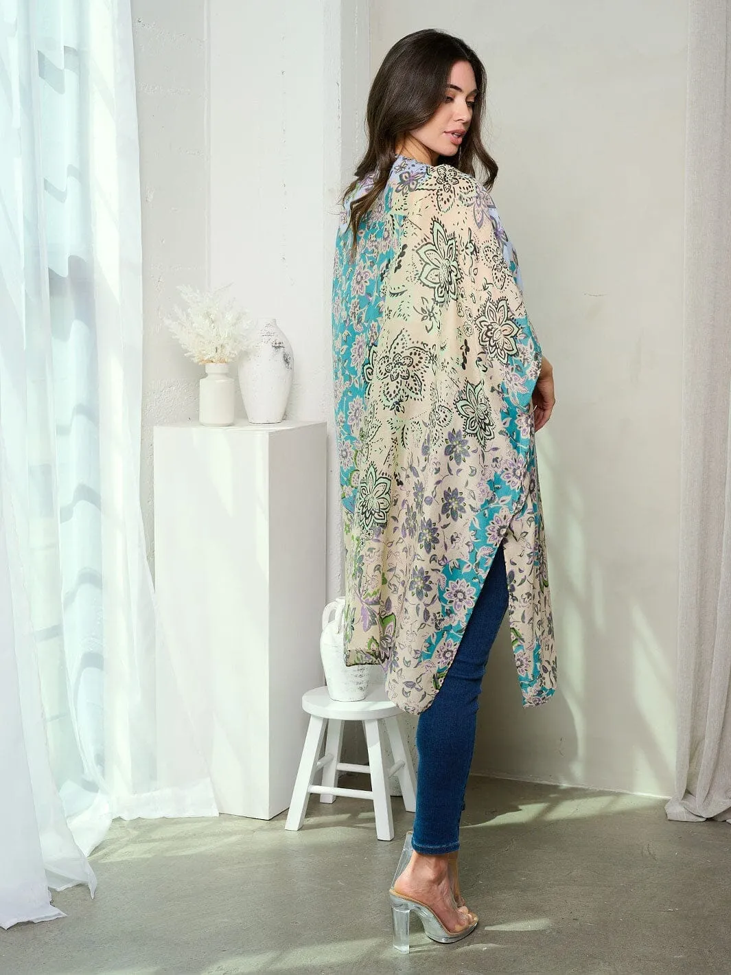 WOMEN'S SHORT SLEEVE OPEN FRONT FLOWERS PRINT KIMONO