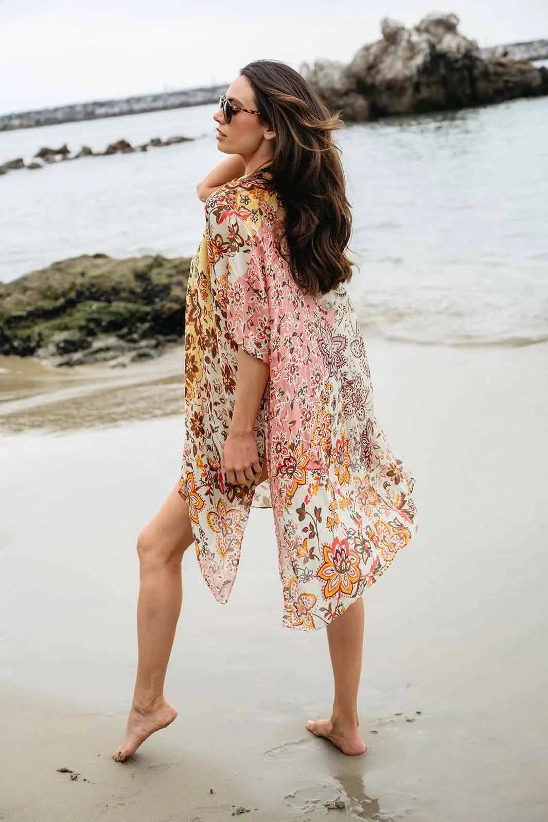 WOMEN'S SHORT SLEEVE OPEN FRONT FLOWERS PRINT KIMONO