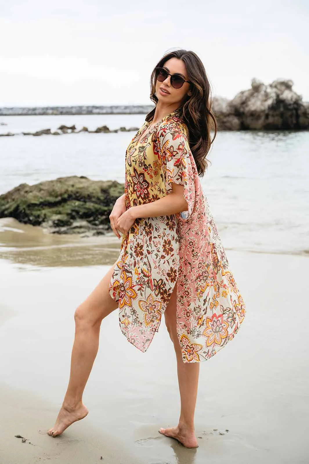WOMEN'S SHORT SLEEVE OPEN FRONT FLOWERS PRINT KIMONO