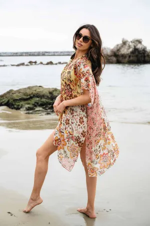 WOMEN'S SHORT SLEEVE OPEN FRONT FLOWERS PRINT KIMONO